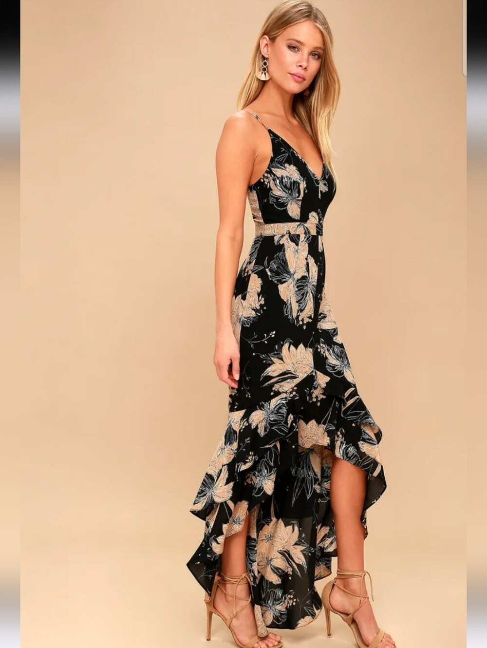 Lulu's Daylily Black Floral VNeck Maxi Dress